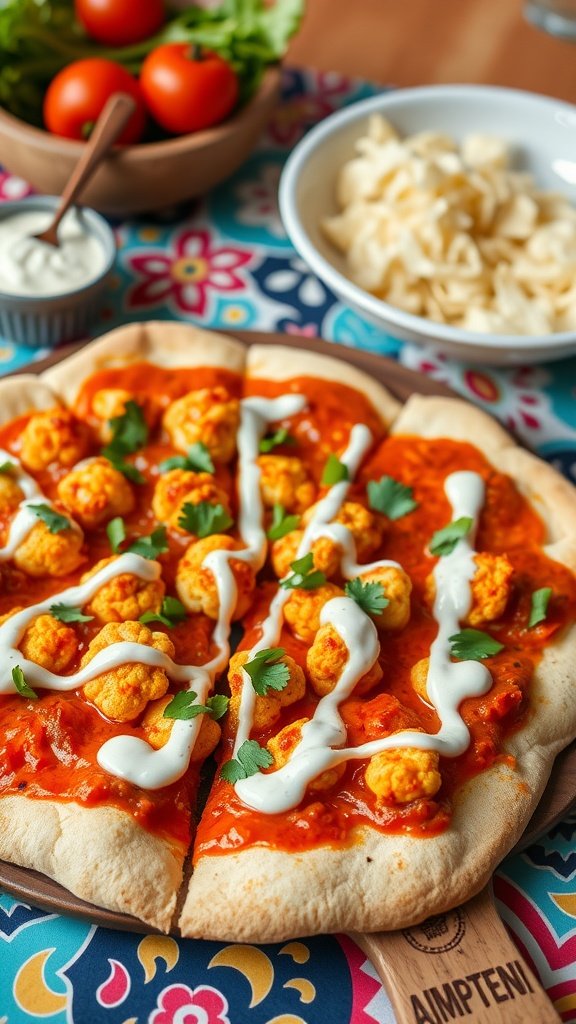 Buffalo Cauliflower Pizza with ranch dressing and cilantro