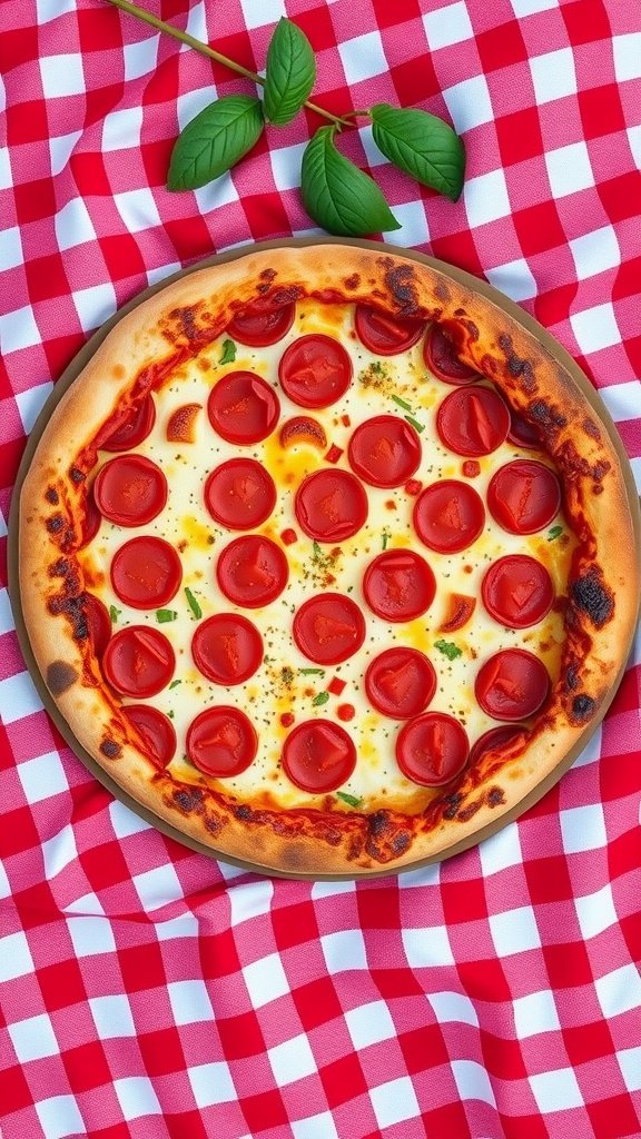 A classic pepperoni pizza with a golden crust and topped with pepperoni slices.