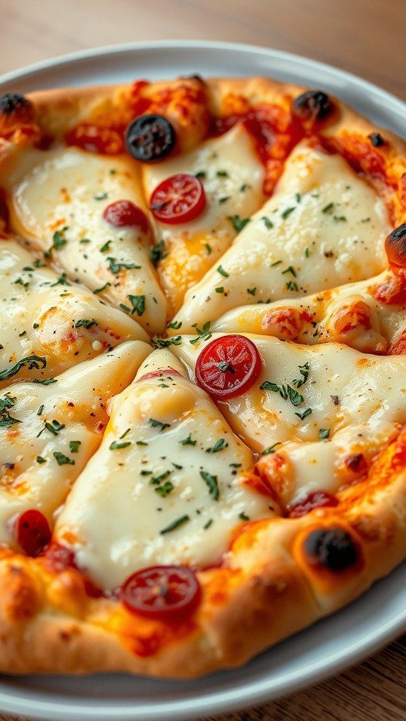 A delicious four cheese pizza with melted cheese and herbs.