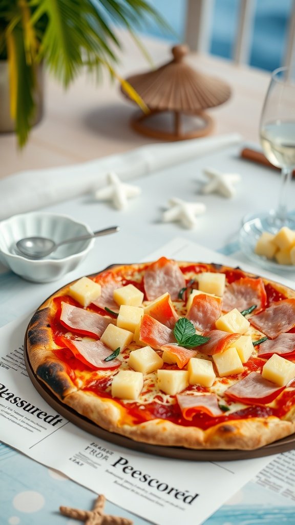Delicious Hawaiian pizza topped with pineapple and ham.