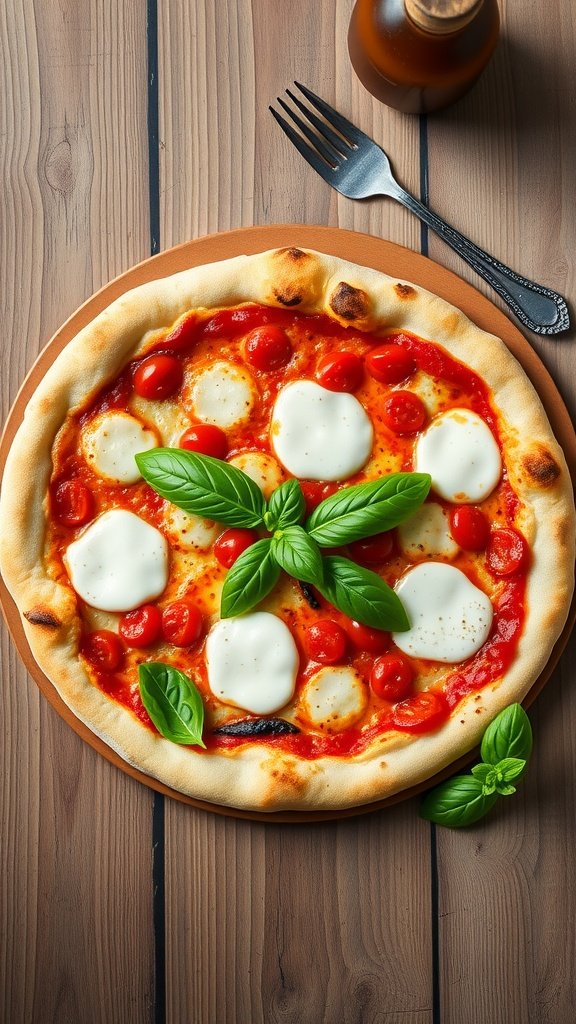 A classic Margherita pizza topped with fresh basil and mozzarella cheese
