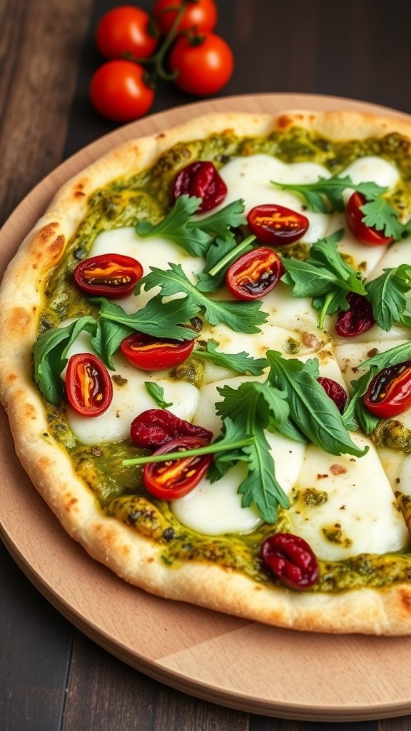 Delicious pesto and sun-dried tomato pizza topped with mozzarella and arugula.