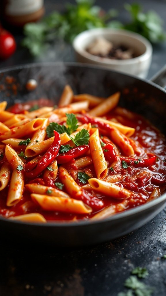 A plate of penne pasta with spicy Arrabbiata sauce and garnish.