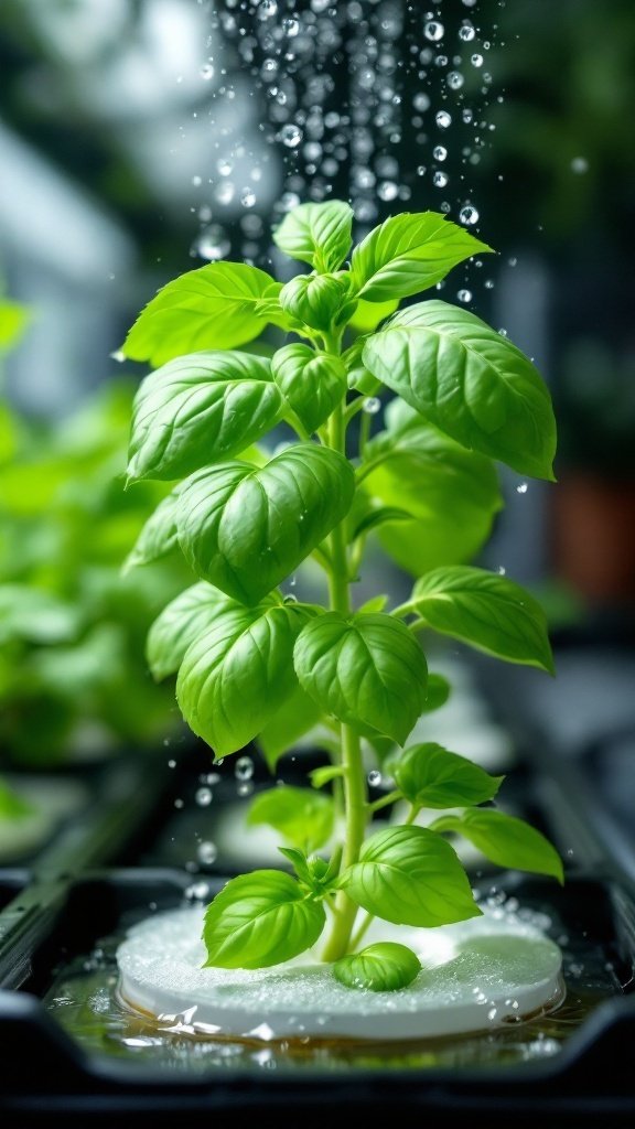 A healthy basil plant with vibrant green leaves, glistening with water droplets in a hydroponic garden.