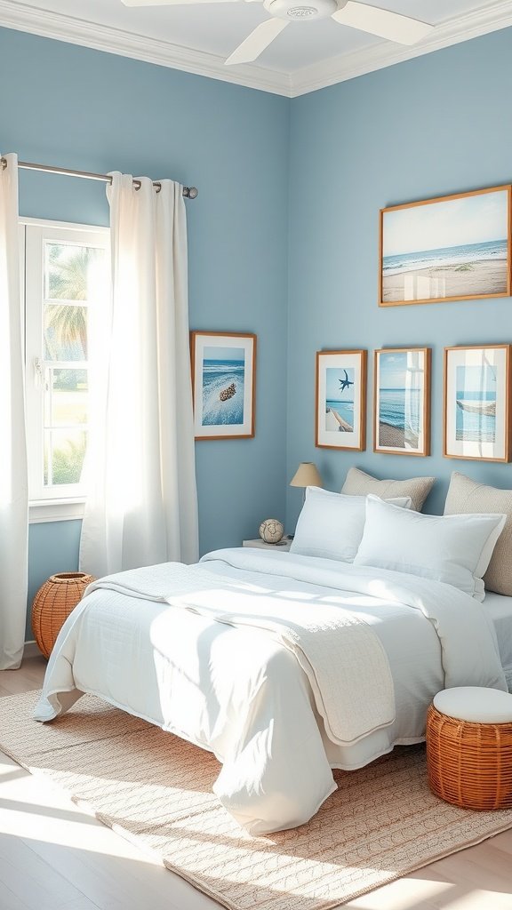 A serene blue bedroom with beach-themed artwork on the walls, featuring pastel blue paint and natural wood frames.