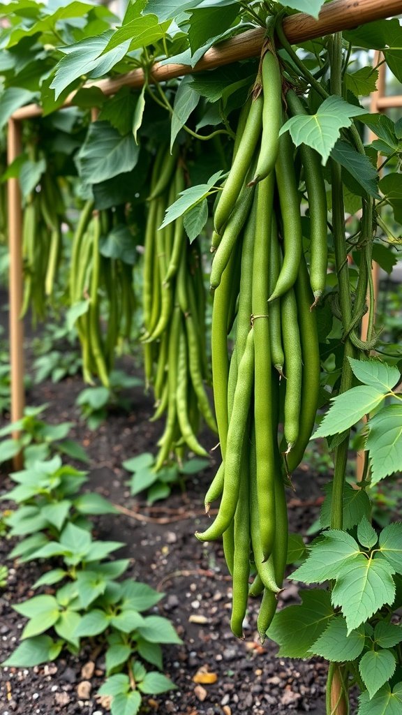 Close-up of green bean pods hanging from a trellis in a homestead garden.