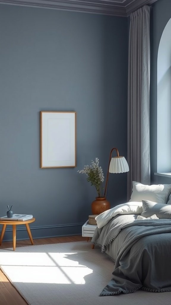 Cozy blue bedroom with gray bedding and natural light