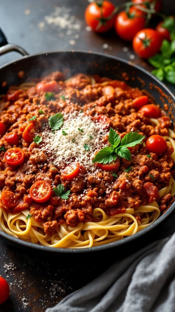 A delicious bowl of Bolognese sauce served over pasta, garnished with fresh herbs and cheese.