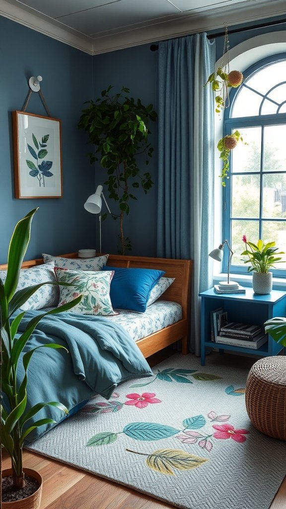Cozy blue bedroom featuring botanical prints and plants
