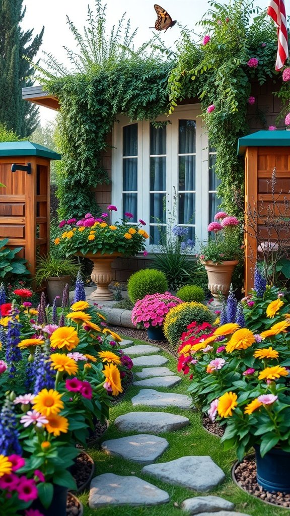 A colorful butterfly and pollinator garden with a stone pathway and vibrant flowers