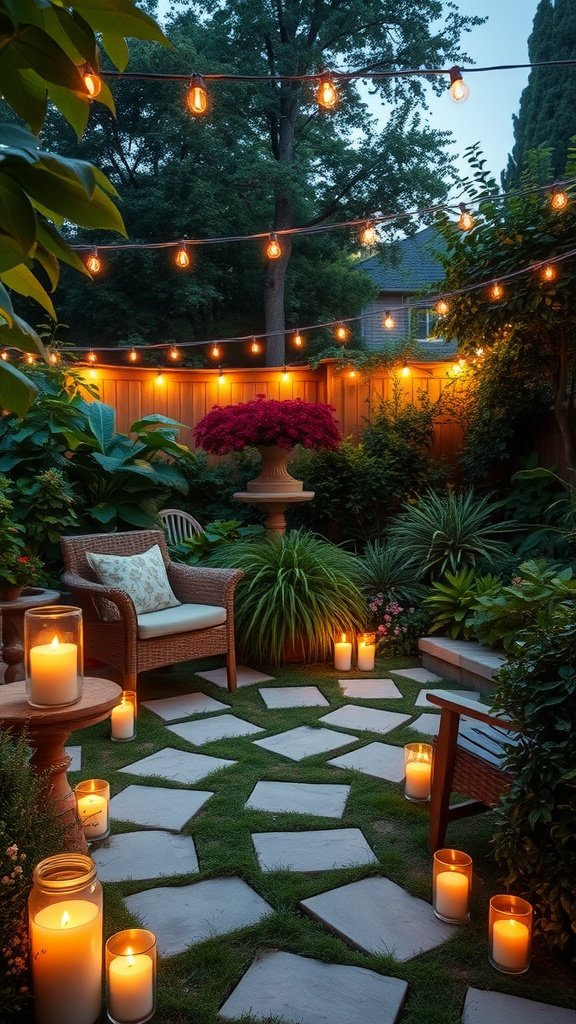 A backyard garden with candles and string lights creating a cozy and inviting atmosphere.