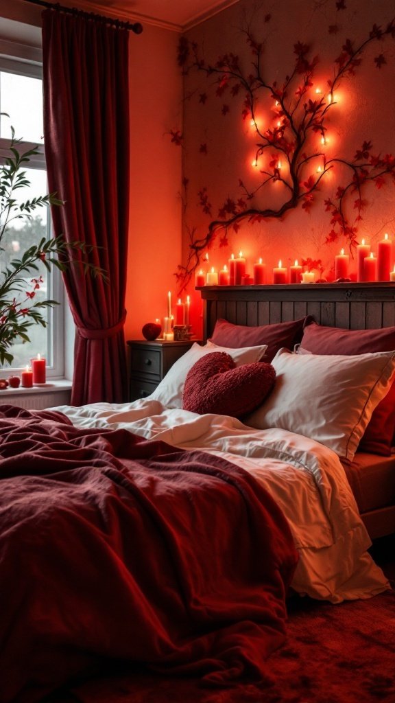 A cozy red bedroom with candles, soft bedding, and decorative heart-shaped pillows.
