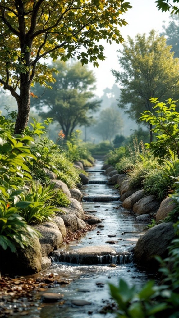 A tranquil waterway surrounded by lush greenery and rocks, illustrating effective water capture in a garden setting.