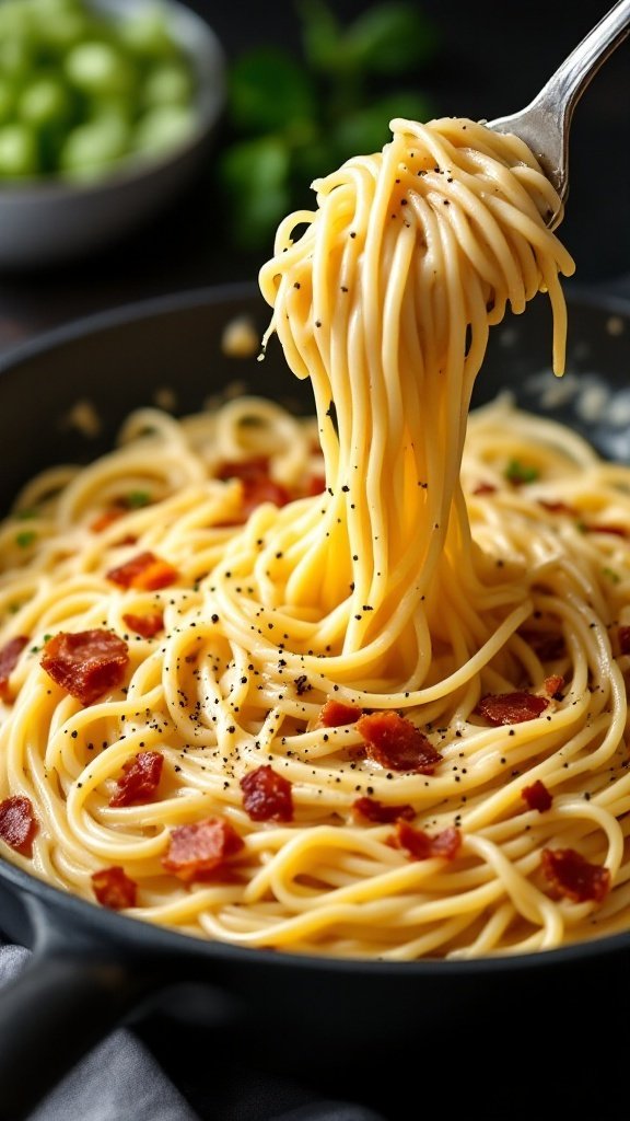 A delicious plate of spaghetti with carbonara sauce and pancetta.
