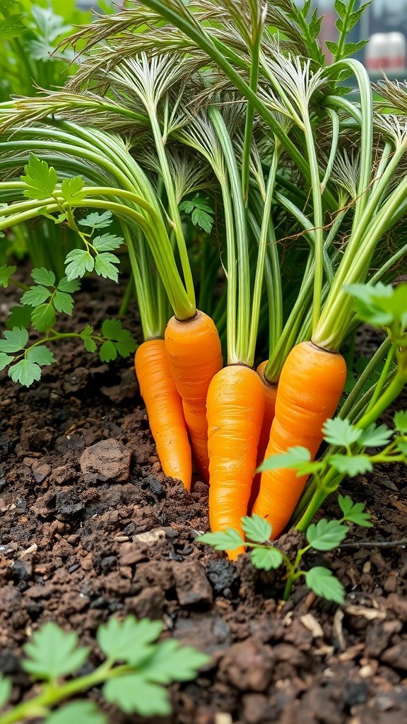 Healthy orange carrots growing in soil with green leaves around them