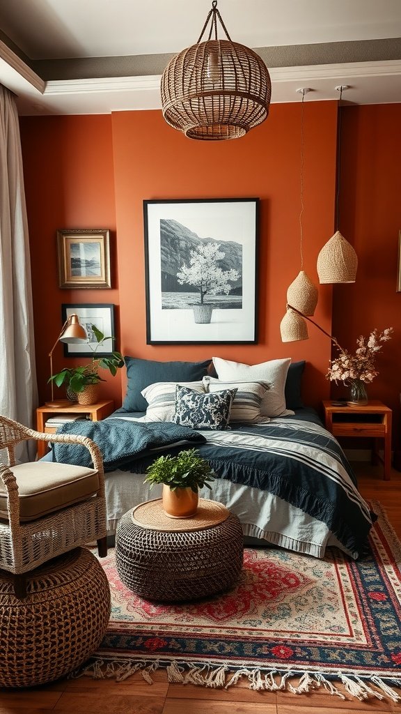 A bohemian bedroom featuring terracotta walls and charcoal gray elements, with natural textures and warm tones.