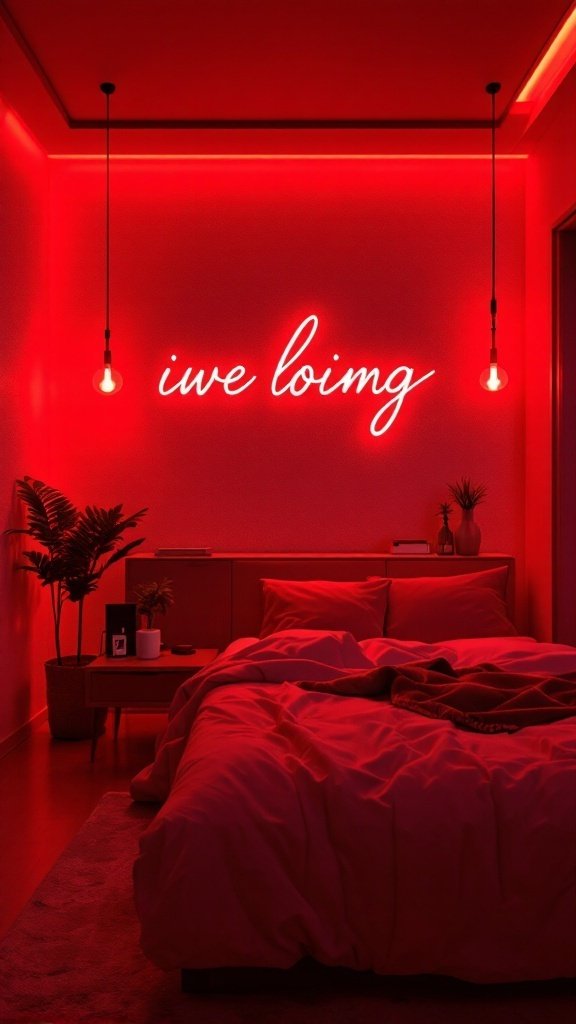 Red bedroom with chic lighting fixtures and a cozy atmosphere.