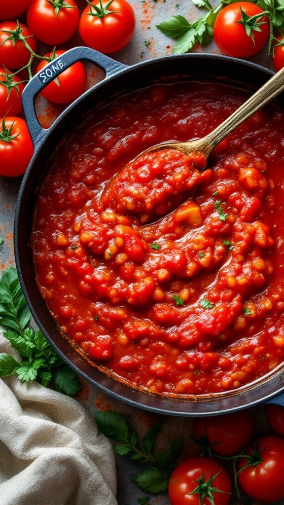 A pot of classic marinara sauce with chopped tomatoes and herbs