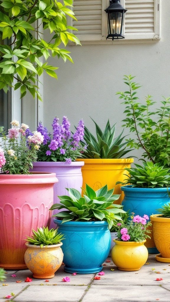 Colorful arrangement of various flower pots in a small garden