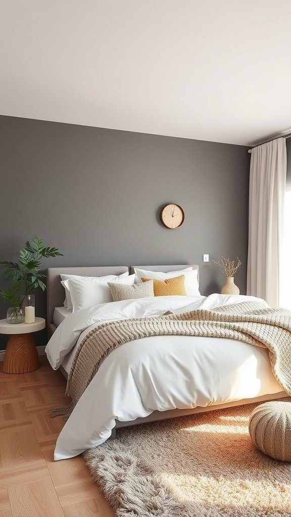 A stylish bedroom featuring cool gray walls, crisp white bedding, and cozy textures.