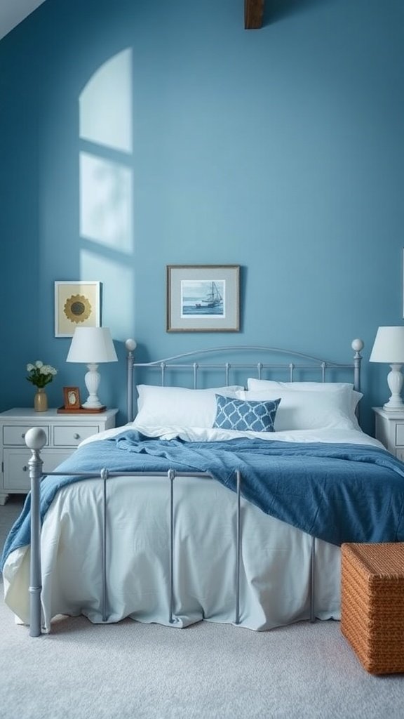 A bohemian bedroom with cool ocean blue walls, featuring a woven wall hanging and cozy furnishings.