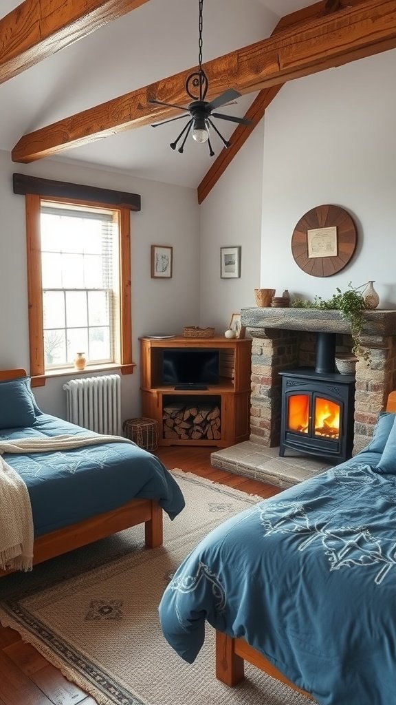 Cozy blue bedding in a rustic bedroom with wooden beams and a stone fireplace.