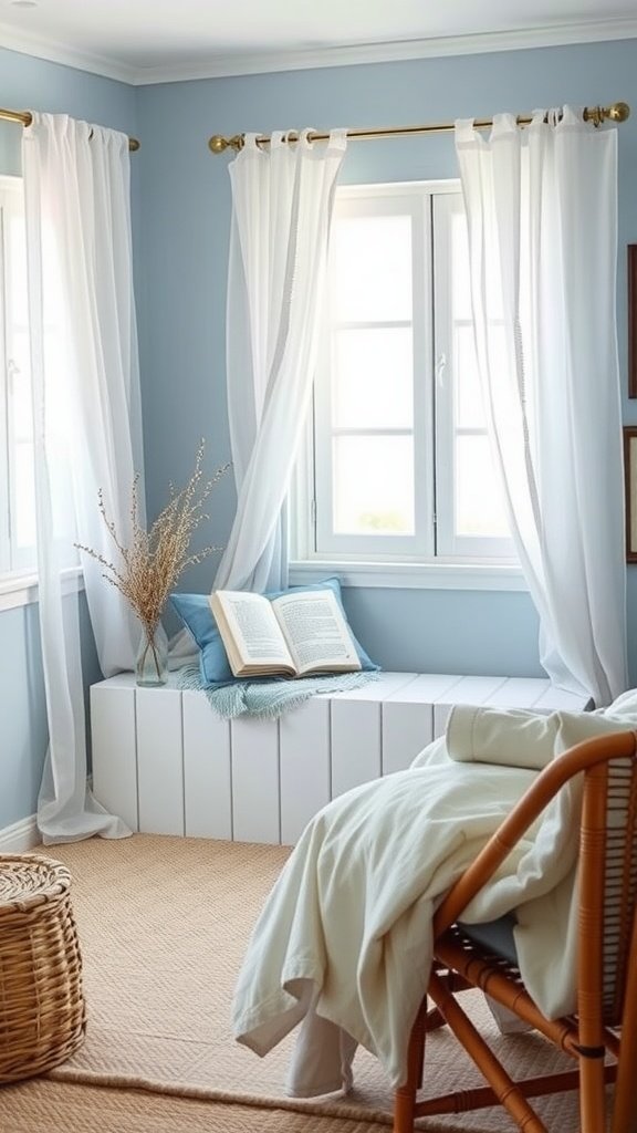 Cozy reading nook by the window with soft blue walls, white curtains, and a comfortable bench.