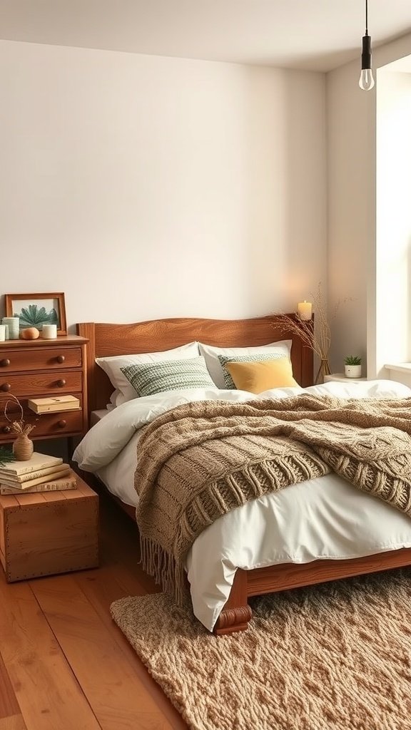 A cozy bedroom featuring creamy white walls, a wooden bed frame, a chunky knit blanket, and natural elements for a rustic touch.