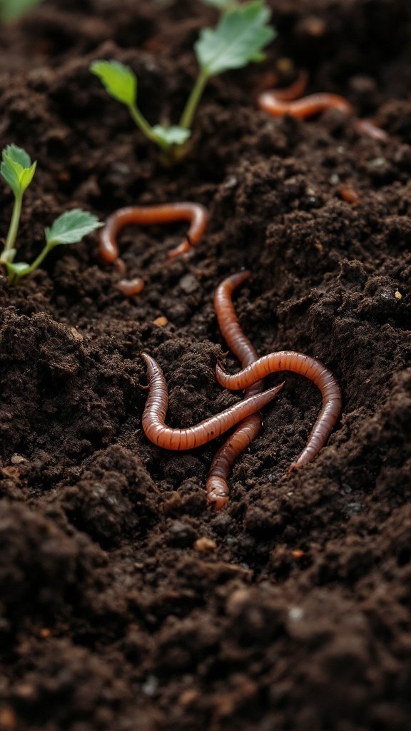 Earthworms in rich, dark soil with small green plant shoots emerging.