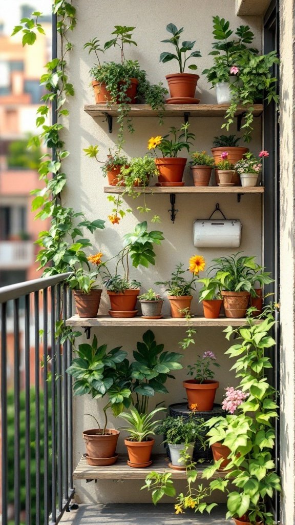 Vertical garden setup on a balcony with shelves filled with potted plants.