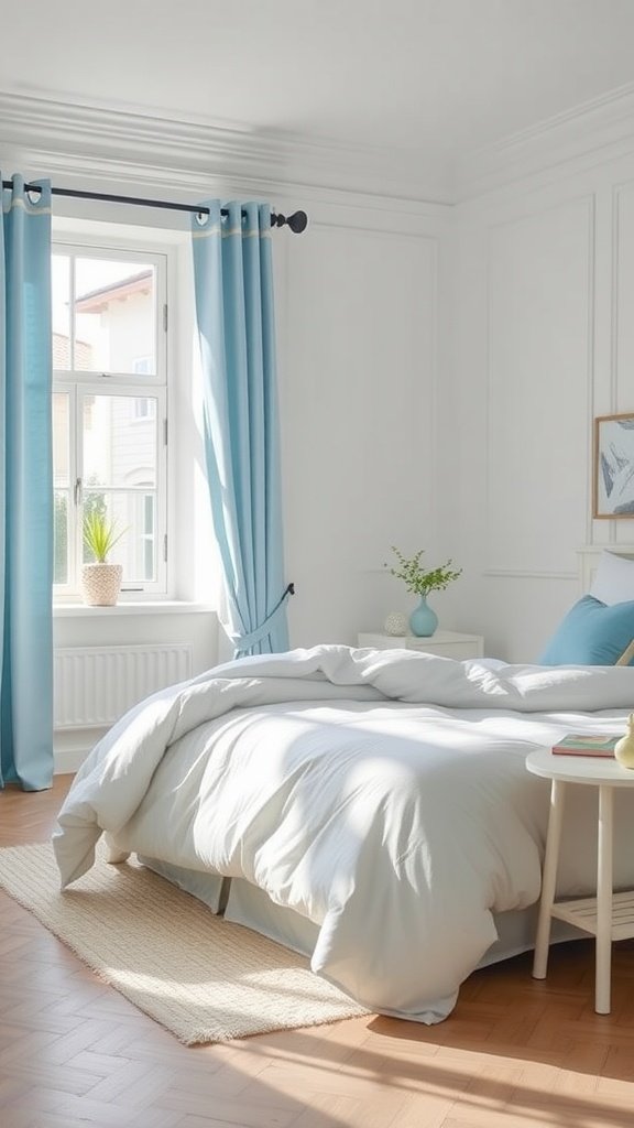 A bright and airy bedroom featuring light blue curtains and white bedding, creating a calming atmosphere.