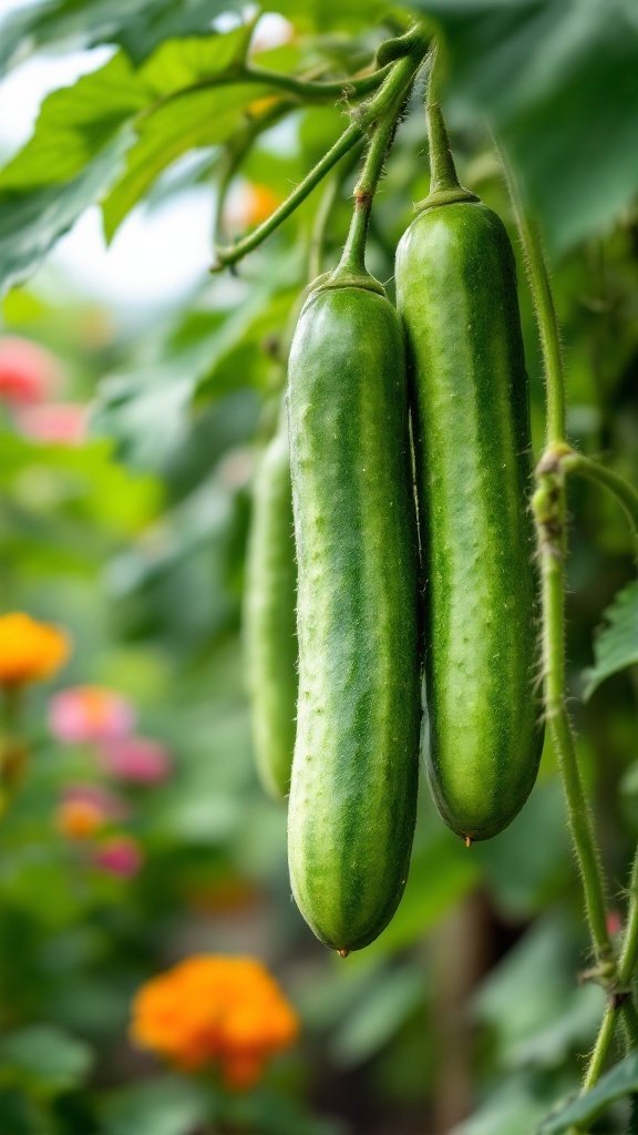 Healthy cucumbers hanging from a trellis in a vibrant homestead garden