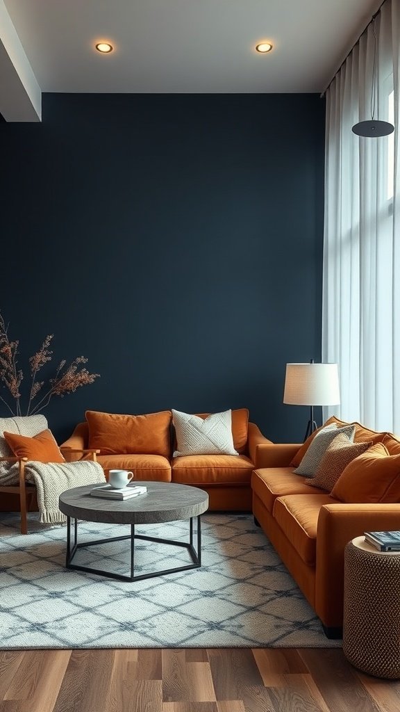 A cozy living space featuring a dark blue accent wall and warm orange furniture.