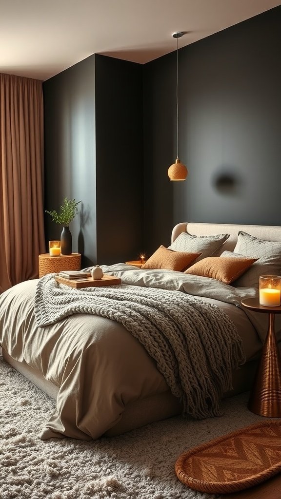 Cozy bedroom with deep charcoal walls and soft taupe bedding.
