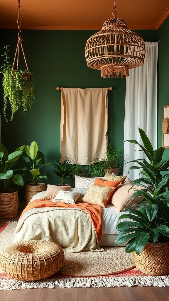 A cozy boho bedroom featuring Deep Forest Green walls, earthy tones, and natural decor elements.