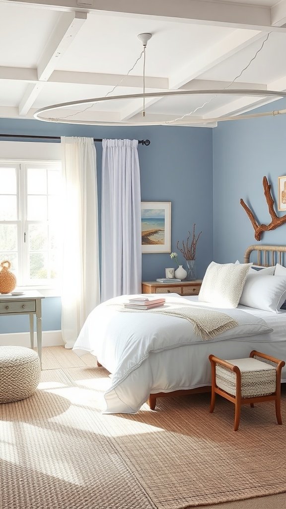 A serene blue bedroom featuring driftwood furniture and coastal decor.