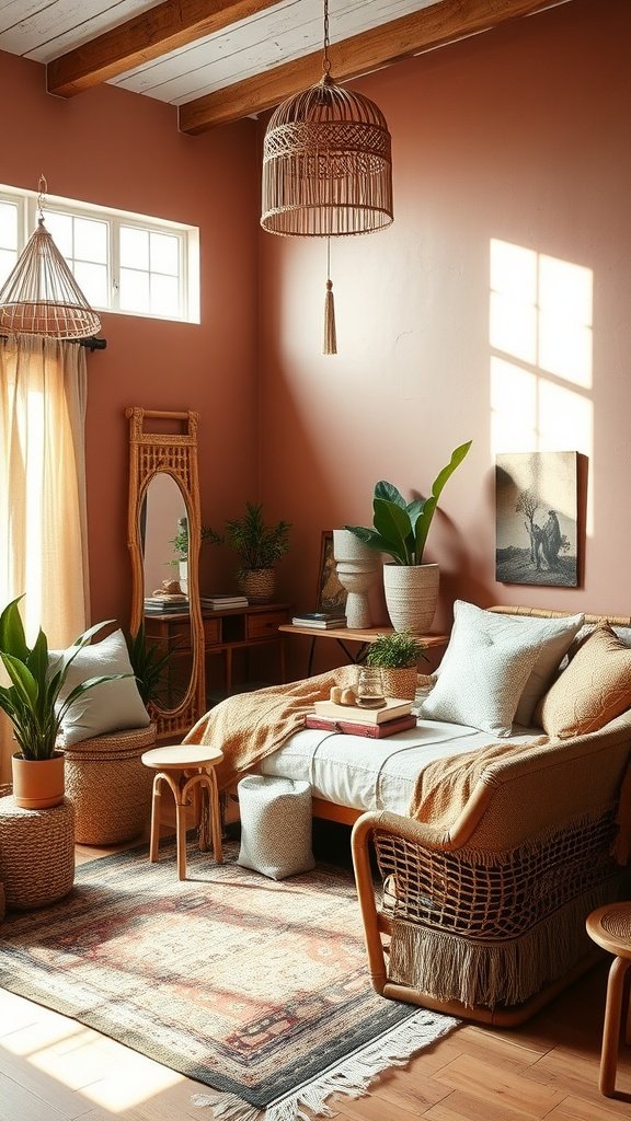 Cozy boho bedroom with dusty mauve walls, rattan furniture, and natural decor elements