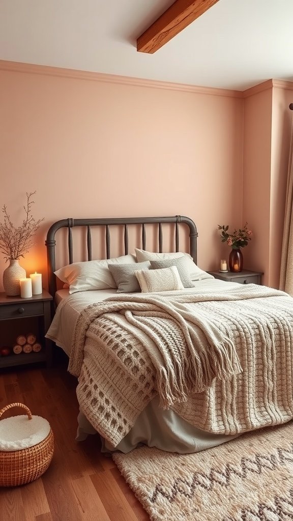 Cozy bedroom featuring dusty rose walls, natural wood elements, and soft textiles.