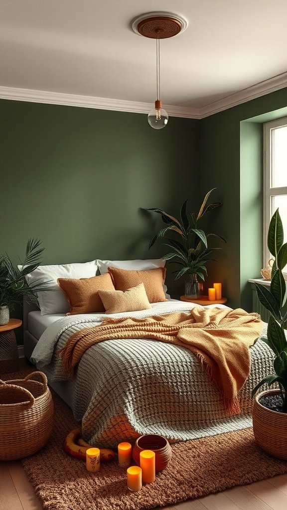 A cozy bedroom featuring earthy green walls, warm brown accents, and soft textiles, creating a relaxing atmosphere.