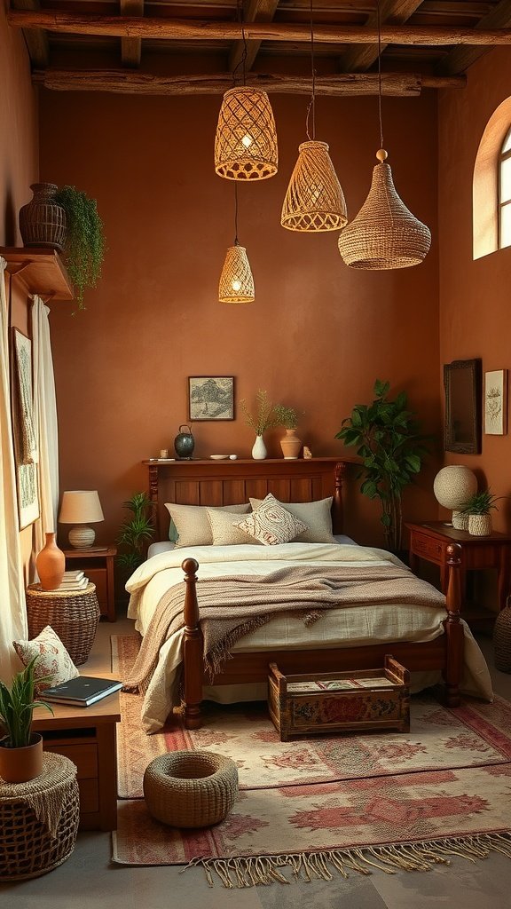 A cozy boho bedroom featuring earthy olive greens with terracotta accents, showcasing a warm and inviting atmosphere.