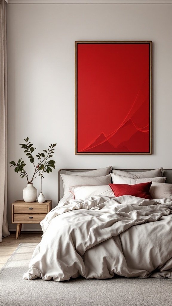Elegant red wall art in a cozy bedroom setting