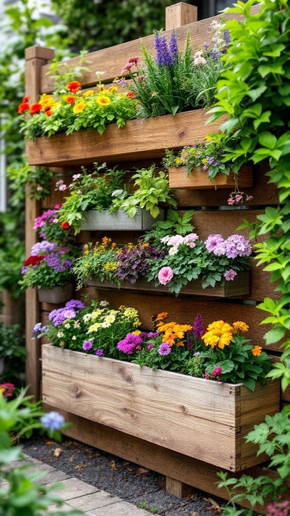 Wooden fencing planter boxes filled with colorful flowers.