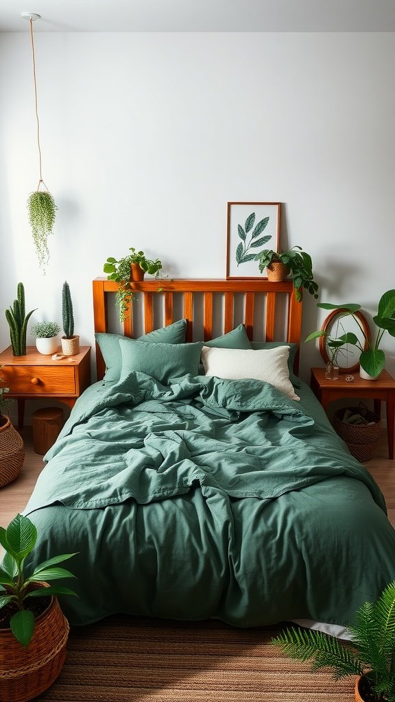 A cozy bedroom featuring forest green bedding, wooden furniture, and indoor plants.