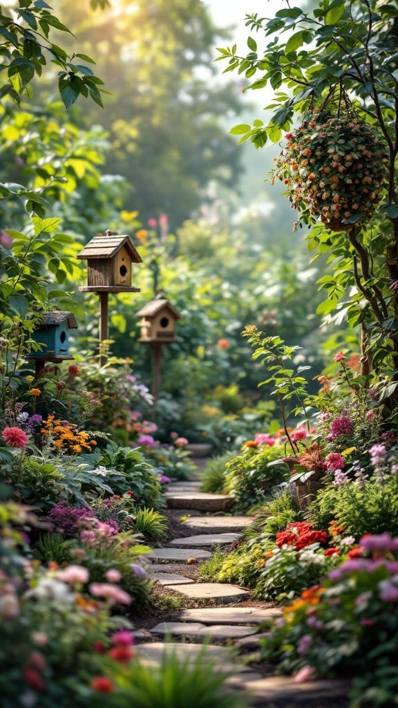 A lush permaculture garden with colorful flowers and birdhouses, creating a habitat for wildlife.