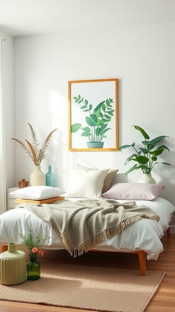 A serene bedroom featuring plants, soft textiles, and light colors, embodying greenery-inspired accessories.