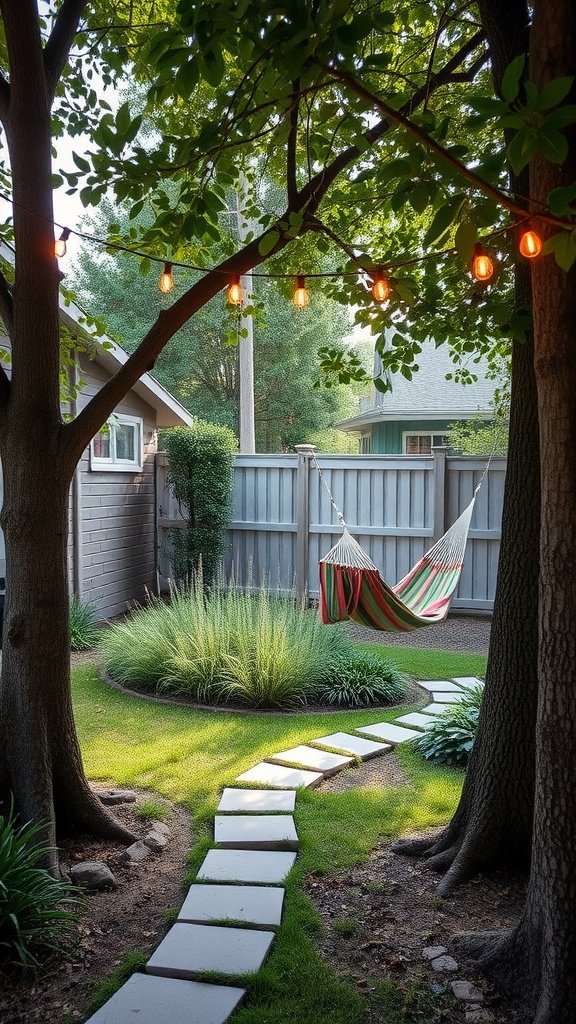 A peaceful backyard scene with a hammock nestled among trees, surrounded by grass and stone pathways.