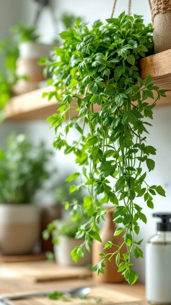 A lush hanging herb plant in a bright kitchen setting.