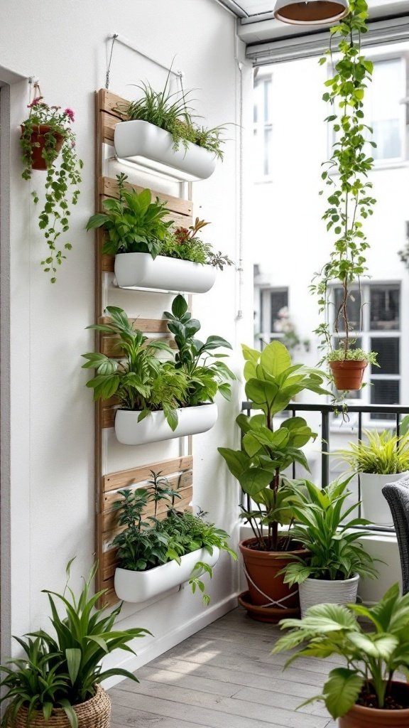 A vertical hydroponic system with multiple white planters filled with green plants, set against a wooden frame.
