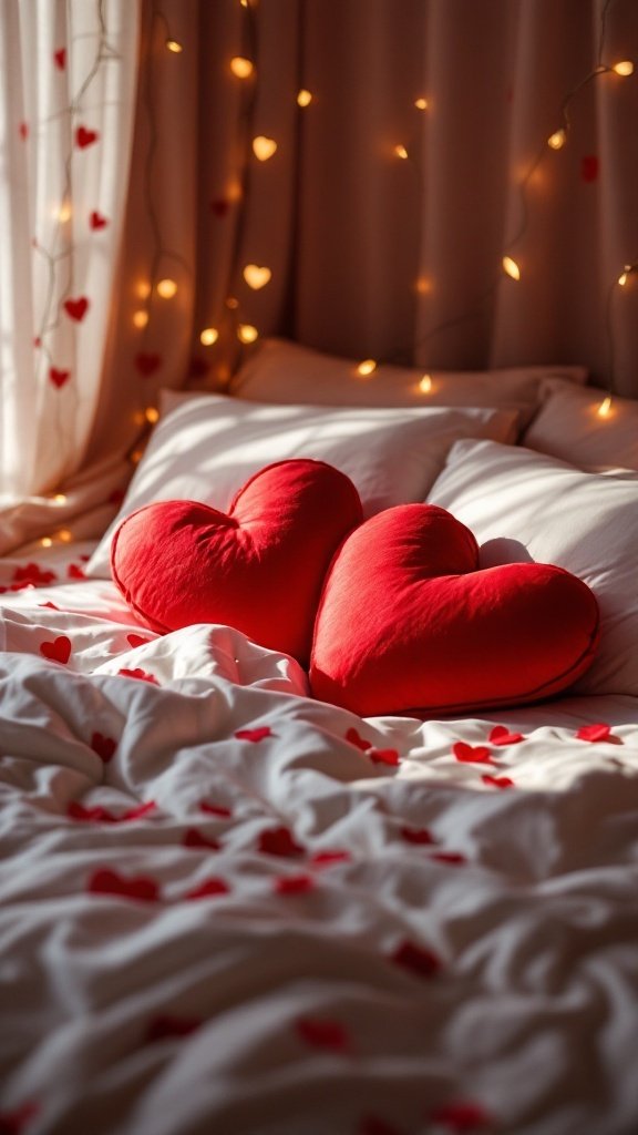Two heart-shaped red pillows on a bed with heart decorations.