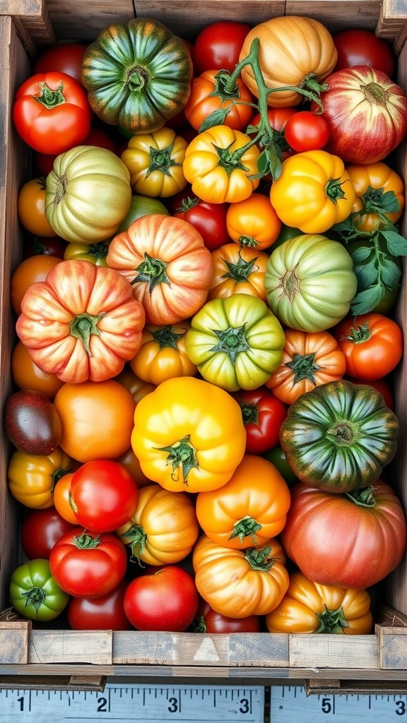 A vibrant assortment of heirloom tomatoes in various colors and sizes, showcasing the beauty of a home garden harvest.